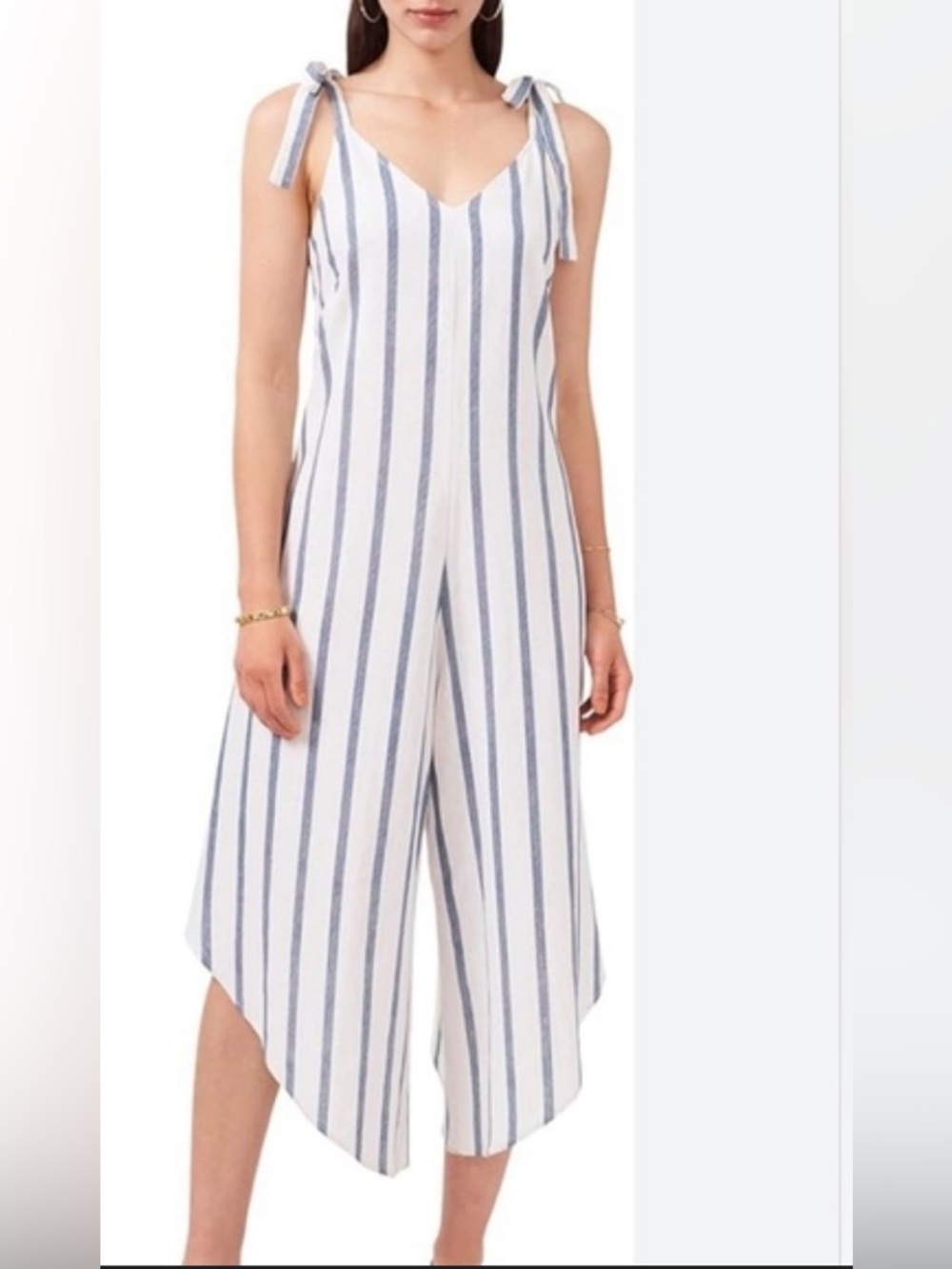 MSK White and Tan Striped Tie-Shoulder Wide-Leg Jumpsuit